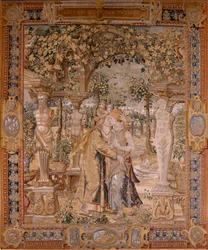 flamländsk gobeläng. Serien Vertumnus och Pomona. Vertumnus kysser Pomona. Sjunde gobeläng i serien. Modellcirkel av Pieter Coecke van Aelst. Tillverkning Wilhelm Pannemaker, Bryssel. Ca 1545-1550. Tyg Guld, silver, siden och ull. Storlek 430 x 365 cm.