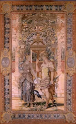 flamländsk gobeläng. Serien Vertumnus och Pomona. Vertumnus förvandlades till en krigare. Fjärde gobelängen i serien. Modellcirkel av Pieter Coecke van Aelst. Tillverkning Wilhelm Pannemaker, Bryssel. Ca1545-1550. Tyg Guld, silver, siden och ull. Storlek 4
