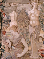 flamländsk gobeläng. Serien Vertumnus och Pomona. Vertumnus förvandlades till en gammal kvinna. Vertumnus förvandlades till en gammal kvinna. Sjätte gobelängen i serien. Modellcirkel av Pieter Coecke van Aelst. Tillverkning Wilhelm Pannemaker, Bryssel. Ca 