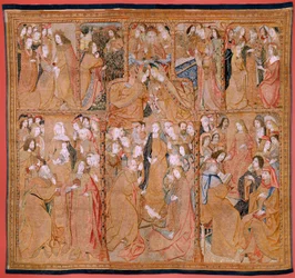 flamländsk gobeläng. Serien Triumphs of the Mother eller Paños de Oro. Kristi födelse (Nacimiento de Cristo). Tredje tapeten i serien. Modell Colin de Cooter (?). Tillverkning Pieter van Aelst (eller van Edingen), Bryssel. Ca 1500-1502. Tyg Guld, silver, s