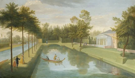 Utsikt över templet vid vattnet, med bassängen och den långa kanalen, Chiswick Villa (olja på duk)