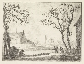 Vinterlandskap med hus och figurer