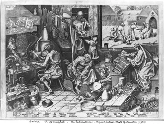 Alkemisten i arbete, graverad av Hieronymus Cock (ca 1510-70)