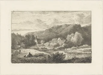 Kuperat landskap med kyrka och hus Vattenlandskap (serietitel)