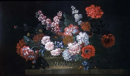 Ett stilleben av nejlikor, bestånd, pioner, konvolvulus och andra blommor i en korg som vilar på en stenavsats