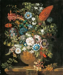 Augusti, från The Twelve Months of Flowers, en blomkalender av stilleben