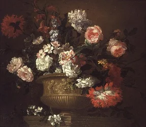 Stilleben av blommor i en urna
