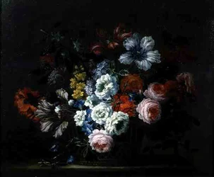 Stilleben av rosor, pioner, tulpaner och Morning Glory i en korg (olja på duk)