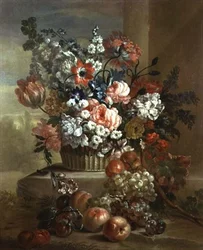 Stilleben med en korg med blommor och frukt (par 81024)