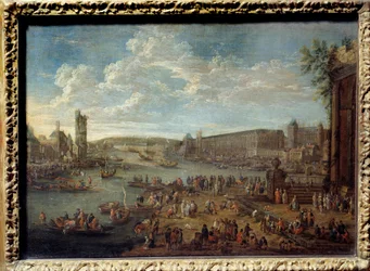 Utsikt över Louvren och tornet i Nesles från Ile de la Cite i Paris. Målning av Pieter Li Casteels (1684-1749)