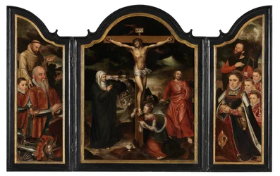 Kristus på korset med Jungfrun, Johannes och Maria Magdalena (olja på panel)