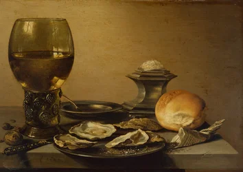 Frukoststilleben med ostron, salt, bröd och nötter