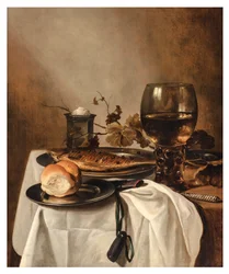 En rulle, sill, silversaltkällare, stor roemer och kniv på ett draperat bord, ca 1644 (olja på panel)