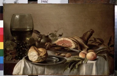 ""Stilleben av frukost med skinka, bröd, persikor och nötter"" (Frukost med skinka) Målning av Pieter Claesz (cirka 1597-1660) 1647 Mått 40x61 cm Sankt petersburg, eremitagemuseet