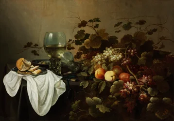 Stilleben med frukt och remmarglas