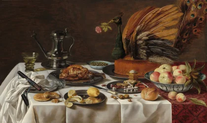 Stilleben med påfågelpaj, 1627.