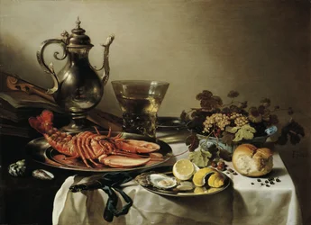 Bord med hummer, silverkanna, stor Berkemeyer, fruktskål, fiol och böcker, 1641