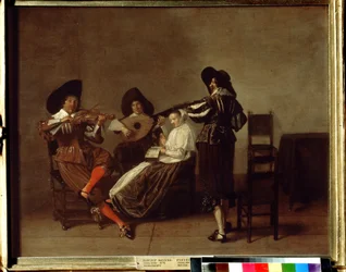 ""Soiree musicale"" (musikalisk kväll) Tre musiker och en ung kvinna (sång). Målning av Pieter Codde (1599-1678) Pushkin-museet från 1600-talet, Moskva