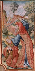 flamländsk gobeläng. Serieavsnitt från Jungfruns liv; Presentation vid templet (Presentación en el Templo). Andra gobeläng i serien. Modeller tillskrivna Jan van Roome (eller van Brussel). Tillverkning Pieter van Aelst, Bryssel. Ca 1502-1504.