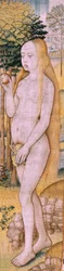 flamländsk gobeläng. Serieavsnitt från The Life of the Virgin. Profetiorna uppfylls vid Kristi födelse (Profetiornas uppfyllelse vid Guds Sons födelse). Första gobelängen i serien. Modeller tillskrivna Jan von Roome (eller van B