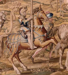 flamländsk gobeläng. Serien Erövringen av Tunis; Genomgång av trupperna i Barcelona (La revista de las tropas en Barcelona). Andra gobeläng i serien. Modellen Jan Vermeyen och Pieter Coecke van Aelst. 1543-1548. Tillverkning Real Fábrica de Tapices de Sant