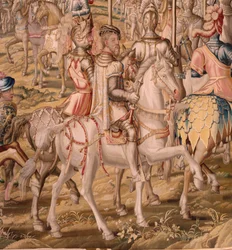 flamländsk gobeläng. Serien Erövringen av Tunis; Genomgång av trupperna i Barcelona (La revista de las tropas en Barcelona). Andra gobeläng i serien. Modellen Jan Vermeyen och Pieter Coecke van Aelst. 1543-1548. Tillverkning Real Fábrica de Tapices de Sant