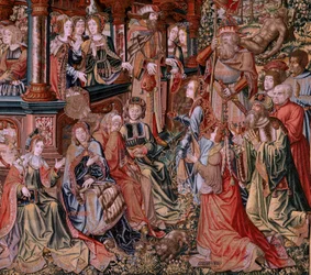 flamländsk gobeläng. Serien The Honours. Dygd (La Virtu, El Vicio). Åttonde gobeläng i serien. Modelltecknare från Bernard van Orleys och Jan Gossaerts krets (Mabuse). Tillverkning Pieter van Aelst, Bryssel. Ca 1550. Tyg Guld, silver, siden a