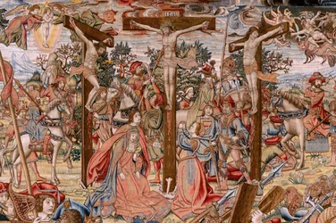 Flamländsk gobeläng. Serien Kristi lidande; vägen till Golgata och mötet med Veronika (Camino del Calvario y encuentro con la Verónica). Den första av de gobelänger som bevaras av det nationella kulturarvet. Modellkartongtecknare ur kretsen kring Jan van