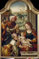 Tillbedjan av Magi. Målning av Pieter Coecke van Aelst den äldre (1502-1555), olja på trä, första hälften av 1500-talet. flamländsk primitiv konst. State Art Gallery, Lviv (Ukraina).