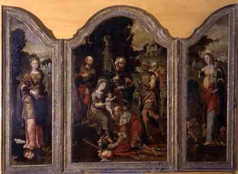Triptyk som skildrar tillbedjan av männen och två helgon (olja på panel)