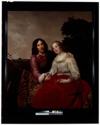 Ett Äktenskapsporträtt Av Ett Ungt Par I En Landskapsmiljö