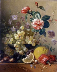 Stilleben med frukt, grönsaker och blommor