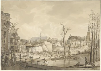 Ruiner på norra sidan av Steenschuur efter krutkatastrofen i Leiden, 12 januari 1807