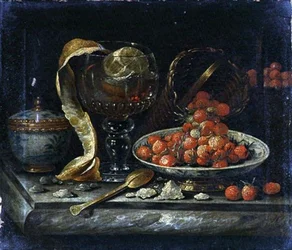 Stilleben av kinesisk blåvit skål och lock, glas Roemer, guldsked och frukt (olja på duk)