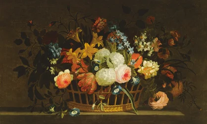 Stilleben av blommor i en korg på en stenavsats