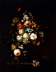 Stilleben med blommor i en glasvas