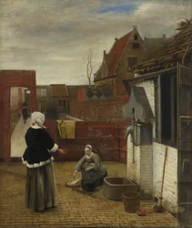 A Woman and her Maid in a Courtyard, ca 1661