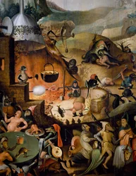 Helvetet, detalj av Yttersta domen, omkring 1554, målning av Pieter Huys (omkring 1520-omkring 1584)
