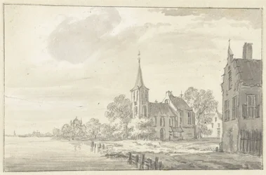 Bykyrka och hus vid en flod