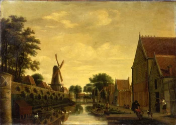 En kanal vid en stadsmur med arbetare som lossar timmer, c.1650