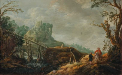 Flodlandskap med träbro och ruin