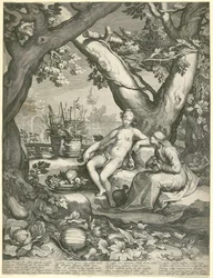 Vertumnus lånar figuren av en gammal kvinna för att vinna Pomonas kärlek, 1605 (gravyr på lagt papper)