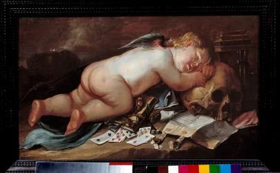 Älskar att sova på en döds huvud. Målning (Vanite) av Pieter Moninckx (1606 - 1686) Ec. Flam.