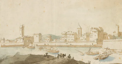 Utsikt över Civitavecchia med hamnmuren