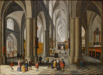 Interiör av en katedral med figurer, 1640-1660