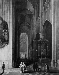 Interiör av en gotisk kyrka på natten, ca. 1660.