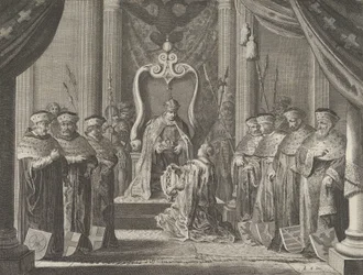 Plåt 8: Kejsar Maximilian II beviljar en krona till Amsterdams vapen, från Cas..., 1638.