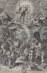Omvändelsen av Saulus, som ligger på marken omgiven av hästar och soldater som Kristus..., 1583