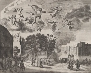 Karl II kommer in i Haag i en vagn med Mauritshuis till höger, från 