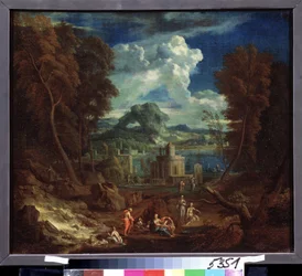 Landskap med nymfer som badar. Målning av Pieter I Rysbraeck (1655-1729). Olja på duk, 50 x 58 cm. Flamländsk konst, barockkonst. Pushkin Museum of Fine Arts, Moskva.